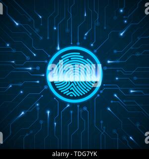 Cyber Security. Fingerprint Scanning Identification System. Finger Print Scanned on Circuit. Biometric Authorization and Security Concept. Vector illu