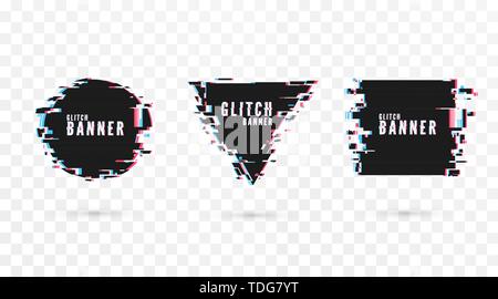 Geometric shape banner with distortion effect - Glitch. Digital technology modern poster and flyer template. Vector illustration isolated on transpare Stock Vector