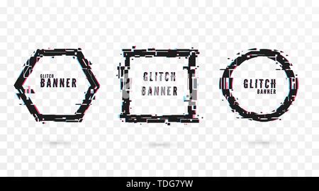 Geometric shape banner with Glitch effect. Digital technology modern poster and flyer template. Vector illustration isolated on transparent background Stock Vector
