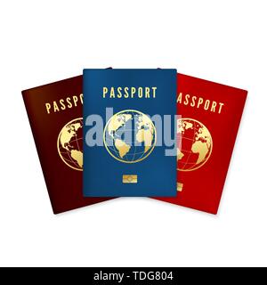 Set of Biometric blue brown and red passports cover. Identity document with digital id. Golden text passport and global map with microchip. Vector ill Stock Vector