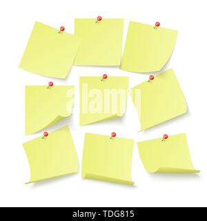 Set of yellow office stickers with space for text attached by neeples to wall. Vector illustration isolated on white background Stock Vector