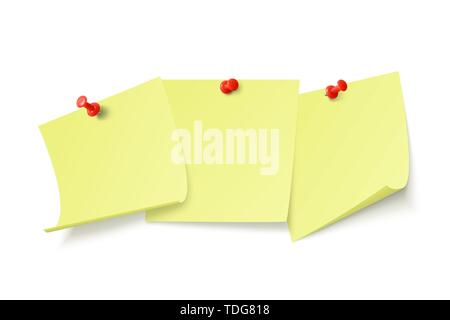 Empty yellow stickers with space for text or message stuck by clip to wall. Vector illustration isolated on white background Stock Vector