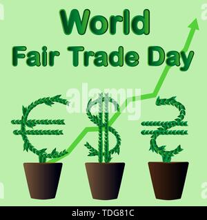 World Fair Trade Day. The money tree grows in a flowerpot. May. illustration. Stock Vector