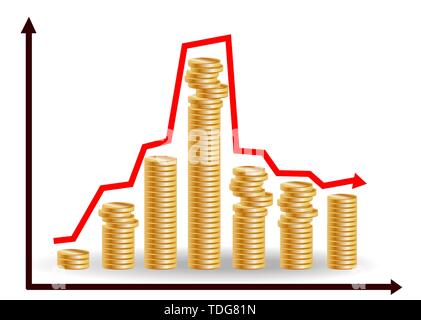Decreasing piles of coins with going down graph. Concept for financial fall Stock Vector