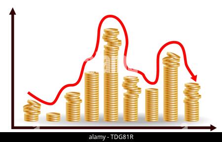 Decreasing piles of coins with going down graph. Concept for financial fall Stock Vector
