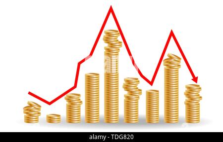 Decreasing piles of coins with going down graph. Concept for financial fall Stock Vector