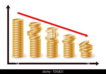 Decreasing piles of coins with going down graph. Concept for financial fall Stock Vector