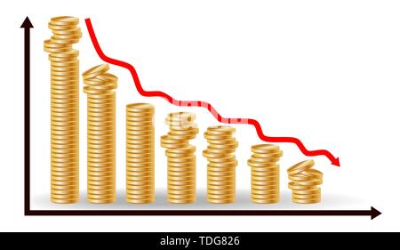 Decreasing piles of coins with going down graph. Concept for financial fall Stock Vector