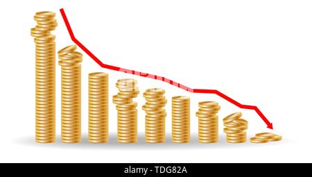 Decreasing piles of coins with going down graph. Concept for financial fall Stock Vector