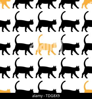 seamless symmetric pattern with silhouettes of walking black and orange cats isolated on white. Stock Vector