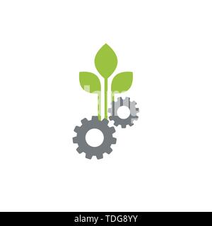 Mechanical gear and three green leaves. Isolated on white background. Stock Vector