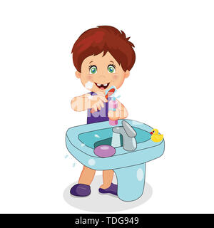 Boy Teeth Brushing, Toddler Character Brush Teeth at Sink in Bathroom Rubber Duck Isolated on White Background. Toothbrush and Paste in Hand. Kids Hyg Stock Photo