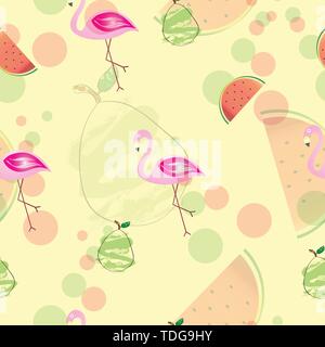 seamless pattern with flamingos - pears and watermelons vector - yellow background Stock Vector