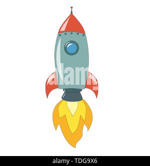 Space rocket launch. illustration of starting space rocket with smoke clouds on dark night sky background. Stock Vector