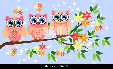 Three cute owls with big eyes in a trendy coral color on a blossoming