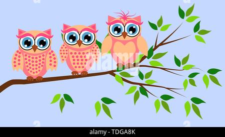 Three cute owls with big eyes in a trendy coral color on a blossoming