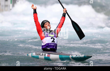 Great Britain's Mallory Franklin celebrates victory in the Womens Canoe during day three of the Canoe Slalom World Cup at Lee Valley White Water Centre, London. Stock Photo