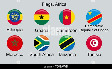 Flags of Africa, set. Ethiopia, Ghana, Cameroon, DRC, Morocco, Tanzania, South African Republic, Tunisia Stock Vector