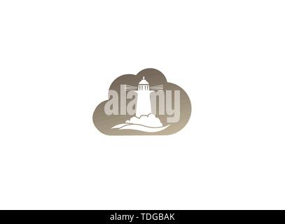 Lighthouse on the island of the middle of the sea for logo design illustration, beacon in a cloud shape icon Stock Vector