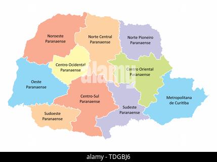 A colorful map of Parana State divided into regions, Brazil Stock Vector