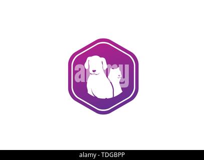 Dog beside cat a friendly pet family logo design illustration in a shape icon Stock Vector