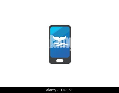 Whale diving deep in the sea and show Tail up for Logo design illustration i a smartphone shape icon Stock Vector