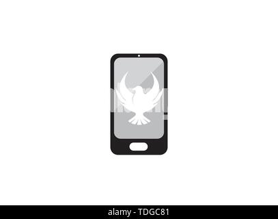 Falcon or eagle open wings flying logo design illustration, hawk in a smartphone shape icon Stock Vector