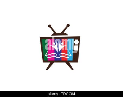 Kids or students open hands inside a book for logo design illustration, in an old tv shape multicolor icon Stock Vector