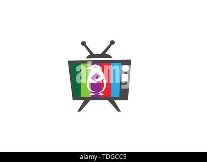 Penguin cute animal for logo design illustration in an old tv shape icon Stock Vector