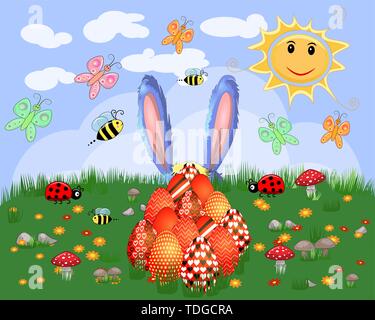 Easter greeting card with colorful eggs lying on green grass. Design element, greeting card template Stock Vector