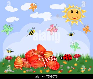 Easter greeting card with colorful eggs lying on green grass. Design element, greeting card template Stock Vector