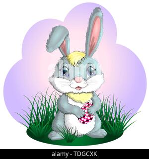Happy Easter. Easter bunnies and egg in field. copy space for text Stock Vector
