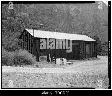 NORTHEAST (FRONT) AND SOUTHEAST SIDE ELEVATIONS, VIEW TO THE WEST - Zion Lodge-Birch Creek Historic Complex, Machine Shop, Springdale, Washington County, UT Stock Photo
