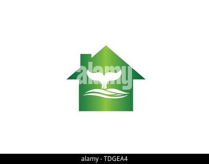 Whale diving deep in the sea and show Tail up for Logo design illustration i a home shape house icon Stock Vector