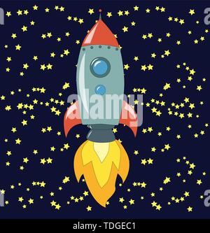Space rocket launch. illustration of starting space rocket with smoke clouds on dark night sky background. Stock Vector