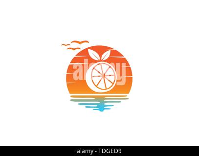 Orange half of a piece and Pulp with leaf for logo design illustration in a sun shape sunset icon Stock Vector