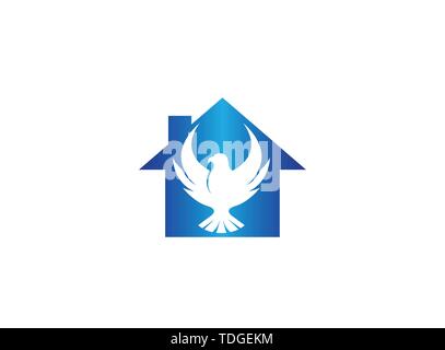 Falcon or eagle open wings flying logo design illustration, hawk in a hame shape house icon Stock Vector