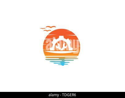 Mechanic gear tools in and pignion for logo design illustration, in a sunset shape sun icon Stock Vector