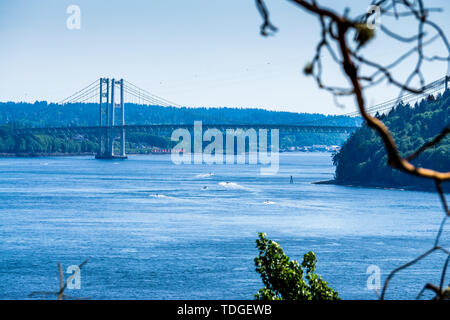 A view of the Narrows Bridge in Tacoma, Washington. Stock Photo