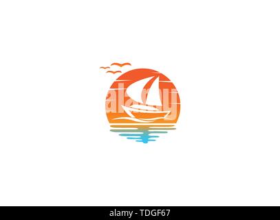 Yacht sailing in the sea for logo design illustration in a sun shape sunset icon Stock Vector