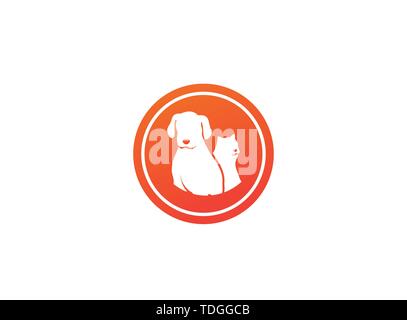 Dog beside cat a friendly pet family logo design illustration in a shape icon Stock Vector