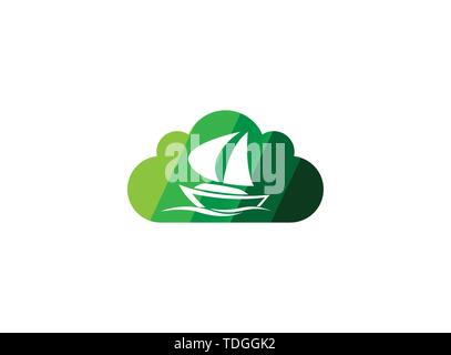 Yacht sailing in the sea for logo design illustration in a cloud shape icon Stock Vector