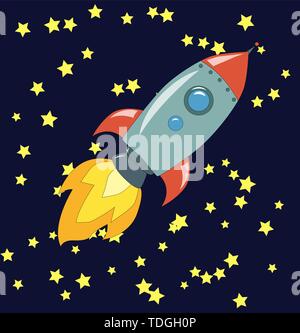 Space rocket launch. illustration of starting space rocket with smoke clouds on dark night sky background. Stock Vector
