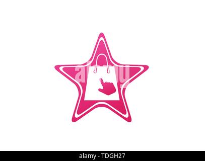 Bag for shop with click hand logo design illustration, online market icon in a star shape Stock Vector