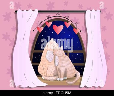 Two cats with heart shaped tails sitting on a windowsill in a room, cuddling each other and looking out a classic arched window, celebrate Valentines  Stock Vector