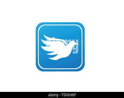 Bird dove open wings flying logo design illustration, pigeon in a square shape icon Stock Vector