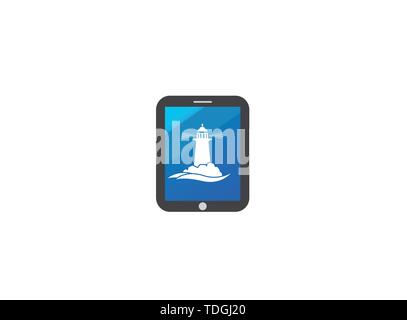 Lighthouse on the island of the middle of the sea for logo design illustration, beacon in a cloud shape icon Stock Vector