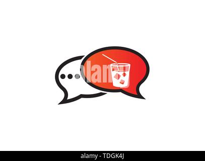 cup of juice with square ice cubes and straw logo design illustration, icy cocktail in chat icon Stock Vector