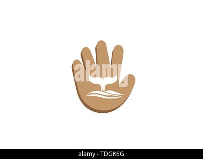 Whale diving deep in the sea and show Tail up for Logo design illustration i a hand shape protect icon Stock Vector