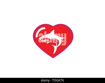 Angry blue shark fish Logo design illustration i a heart shape love icon Stock Vector